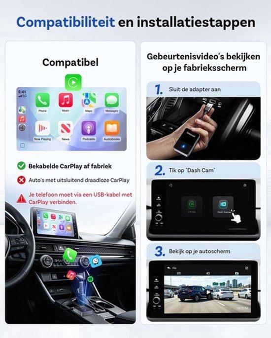 Drahtloser CarPlay- und Android Auto-Adapter mit 2K-Dashcam (vorne und hinten), Videosteuerung über den originalen Bildschirm des Autos, WiFi 6, Bluetooth 5.4, 64 GB Speicherkarte