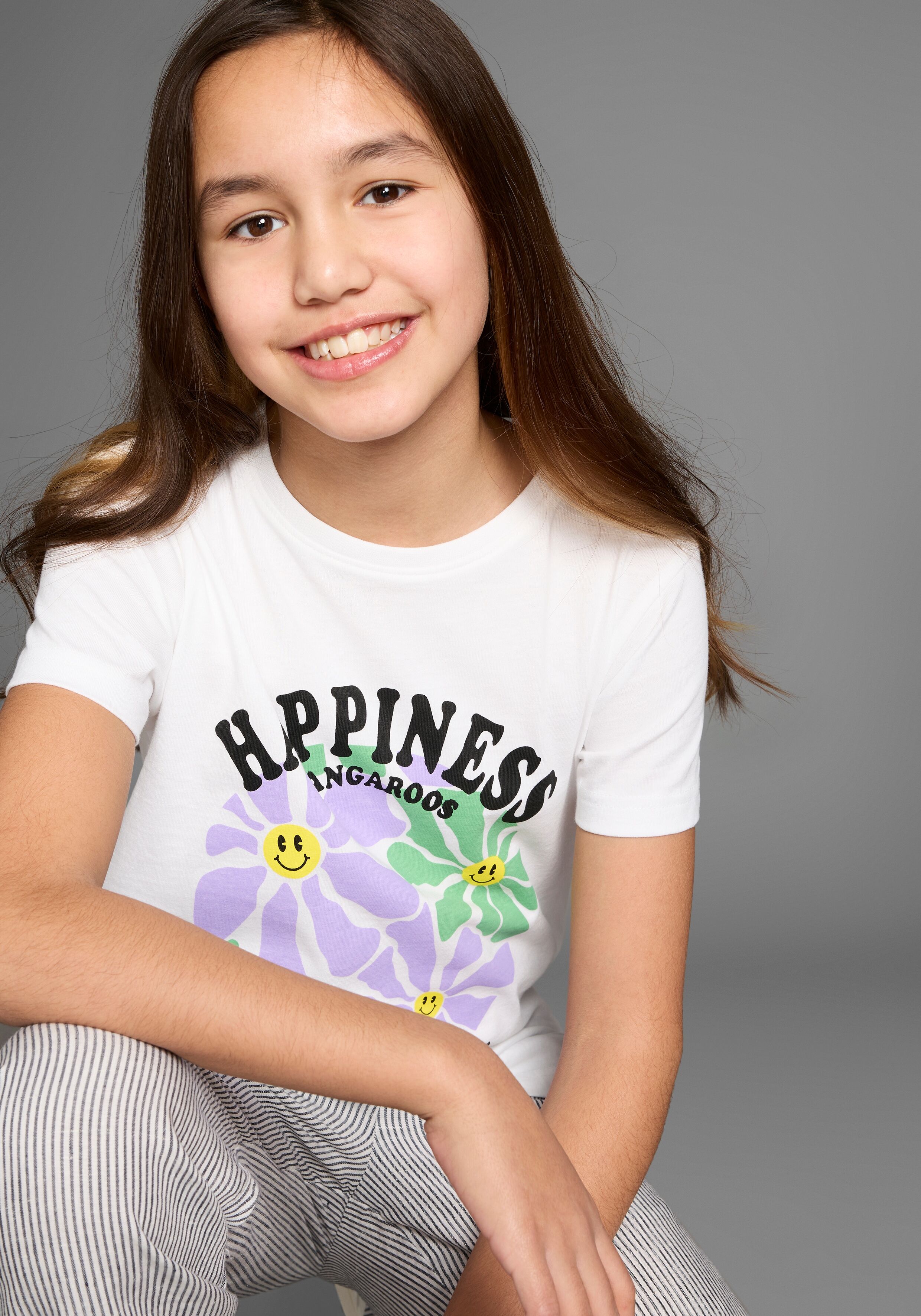T-Shirt KANGAROOS "HAPPINESS COMES", Mädchen, Gr. 164/170, weiss (weiß), Single Jersey, Obermaterial: 100% Baumwolle, bedruckt, Basic, Rundhals, Shirts T-Shirt, grosser Frontprint weiß 164/170