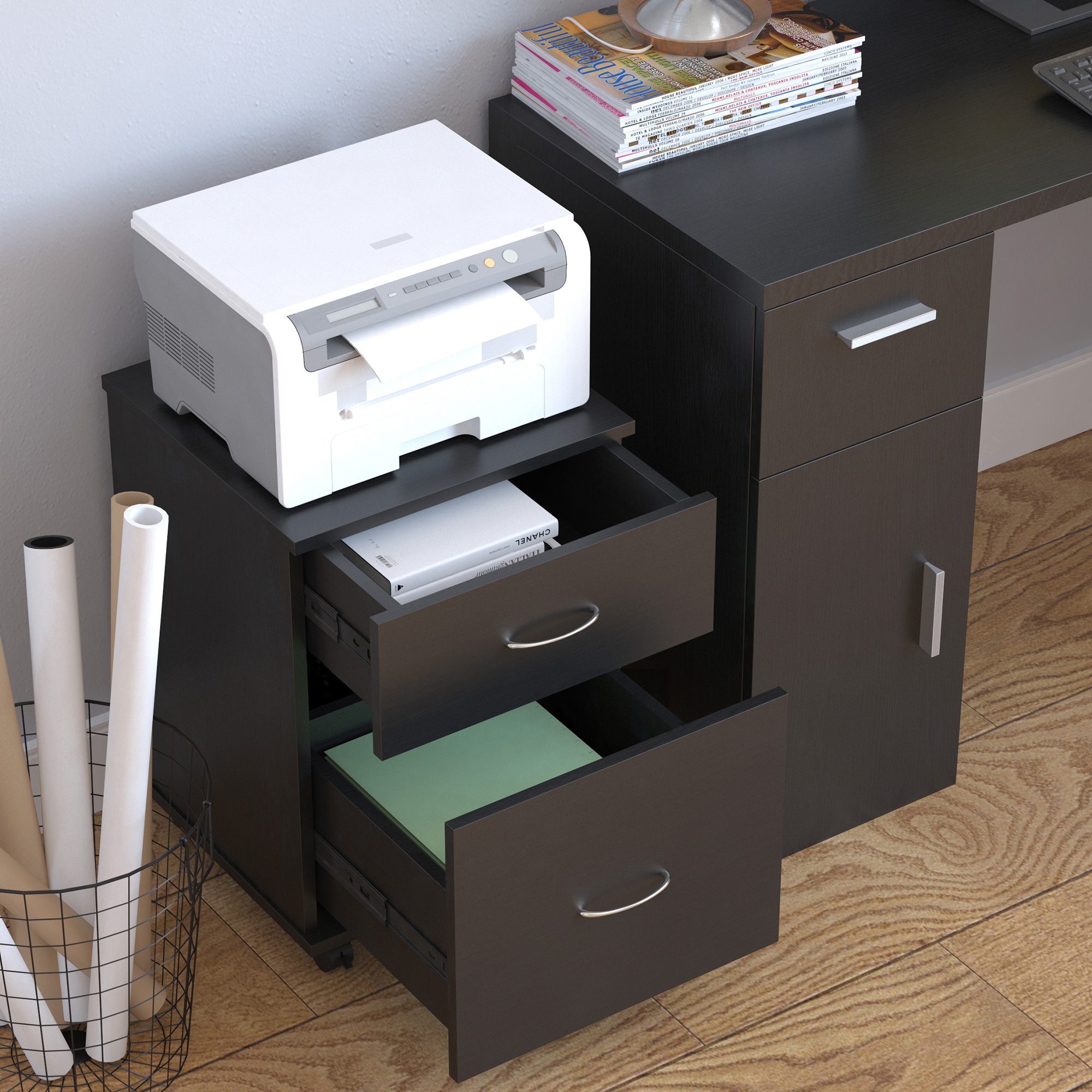Homcom Cassettiera a Rotelle Mobiletto con 4 Ruote da Ufficio Salvaspazio in Legno, 41x39x58cm, Nero Aosom