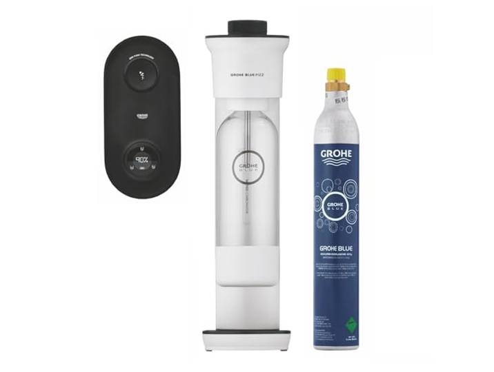 GROHE Blue Fizz, Advanced Starter Set, Trinkflasche + CO2, 3 Sprudelstufen Drehregler leicht, medium, stark sprudelnd, Sprudeltaste, CO2-Einspritzdüse Edelstahl (alpinweiß/schwarz, 31945LK0)