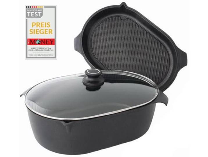 AMT Gastroguss 3er-Set Bräter, bestehend aus Bräter, Gußbräterdeckel mit Grillboden & Glasdeckel, 42 x 28 cm, nicht induktionsgeeignet, Lotan® Antihaft-Veredelung, Gusspfanne (Aluguss), AMZN-4228-Set