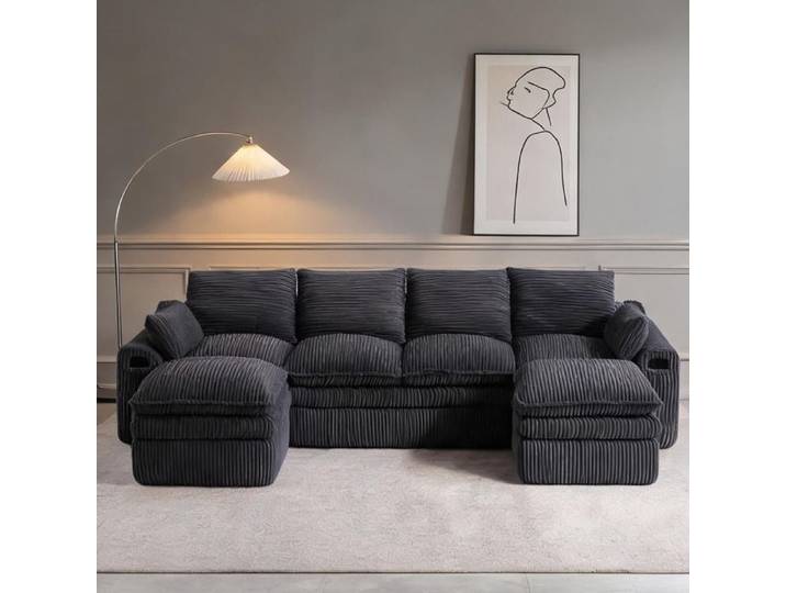 Canapé 4 places modulable en velours côtelé slate gray avec 2 poufs et rangements