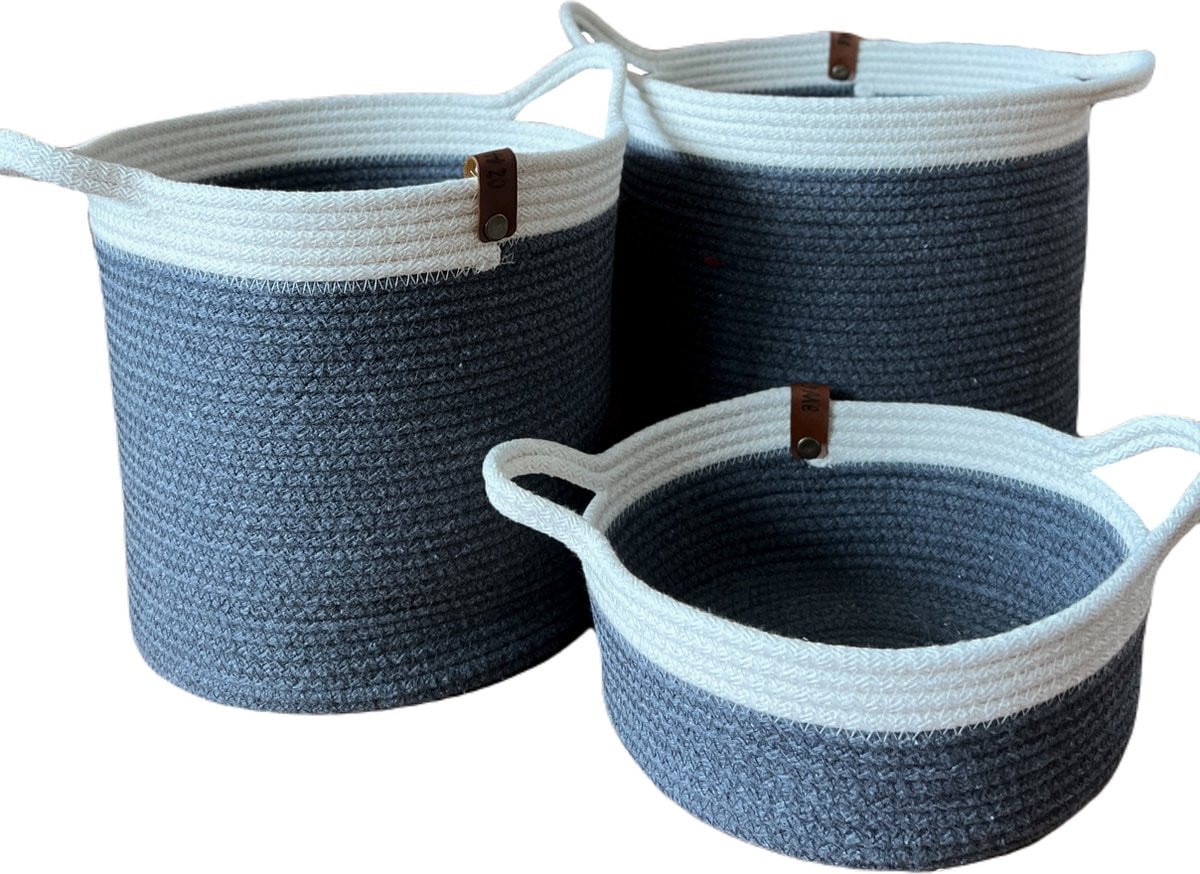 OZ Home 3-delige Mandenset Donkerblauw/Wit met Open Weave voor Opslag en Decoratie