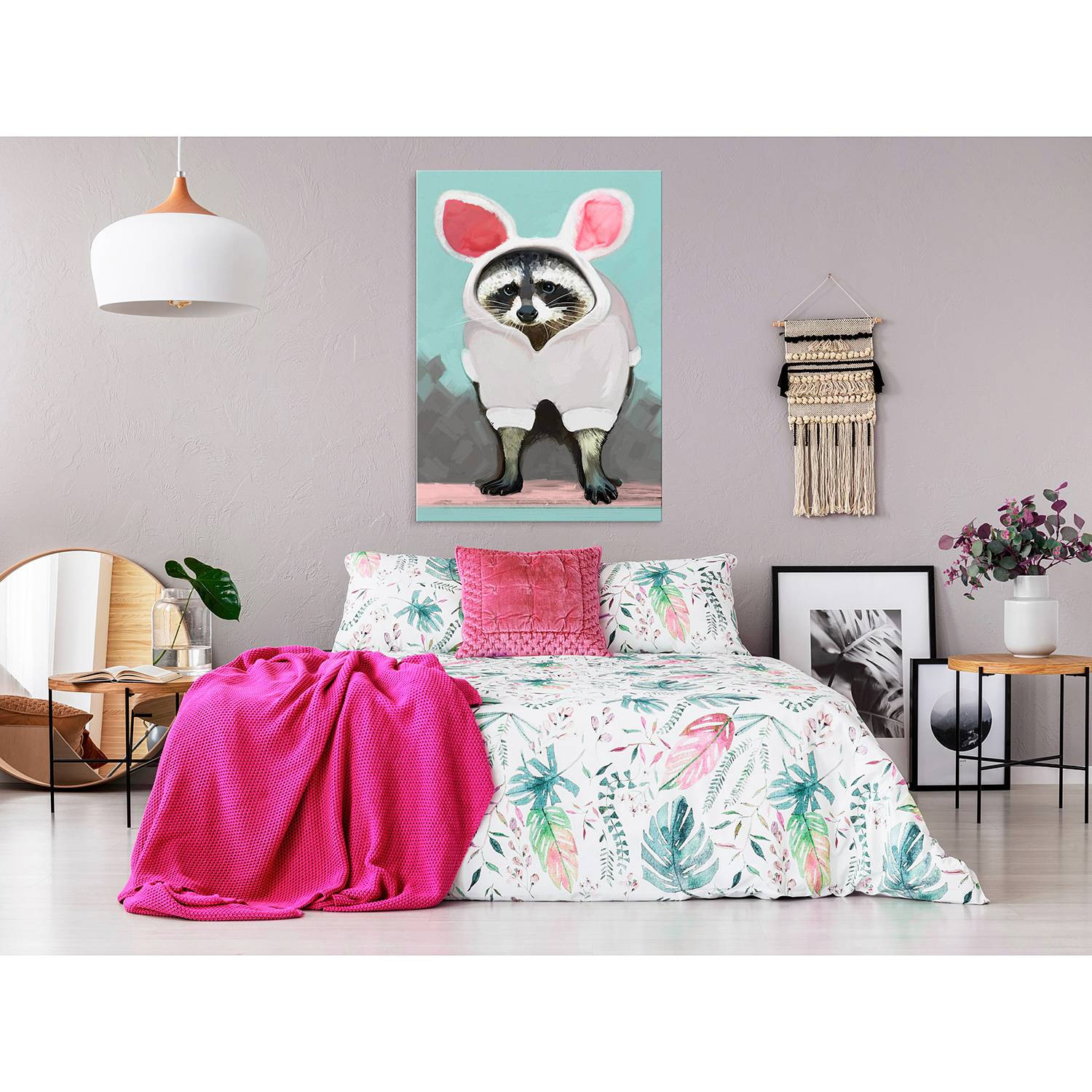 home24 Wanddecoratie Raccoon of Hare Linnen Multicolour 40 x 60 cm