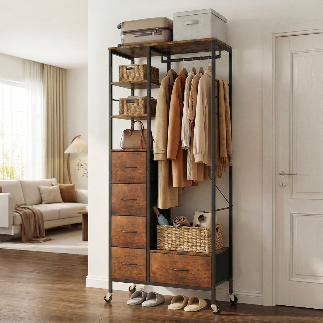 Rebrilliant 80 cm Rolling Portable Wardrobe Wood Grain