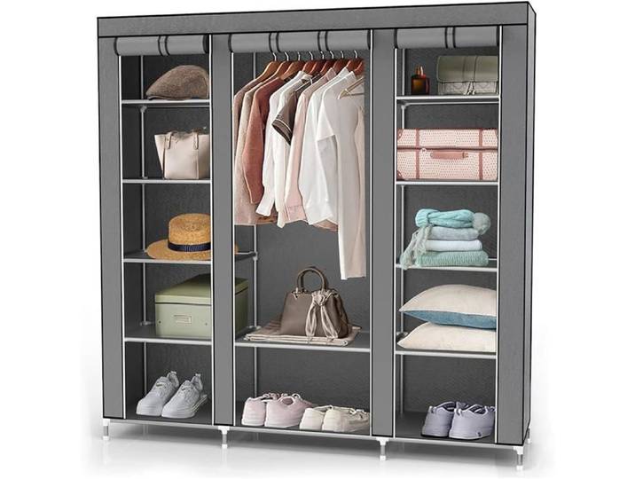 Armoire de Rangement Pliable 150x175x45 cm en Gris Cendre - Penderie Dressing Textile en Tissu Intissé avec Gris Ce PENDERIE SOUPLE