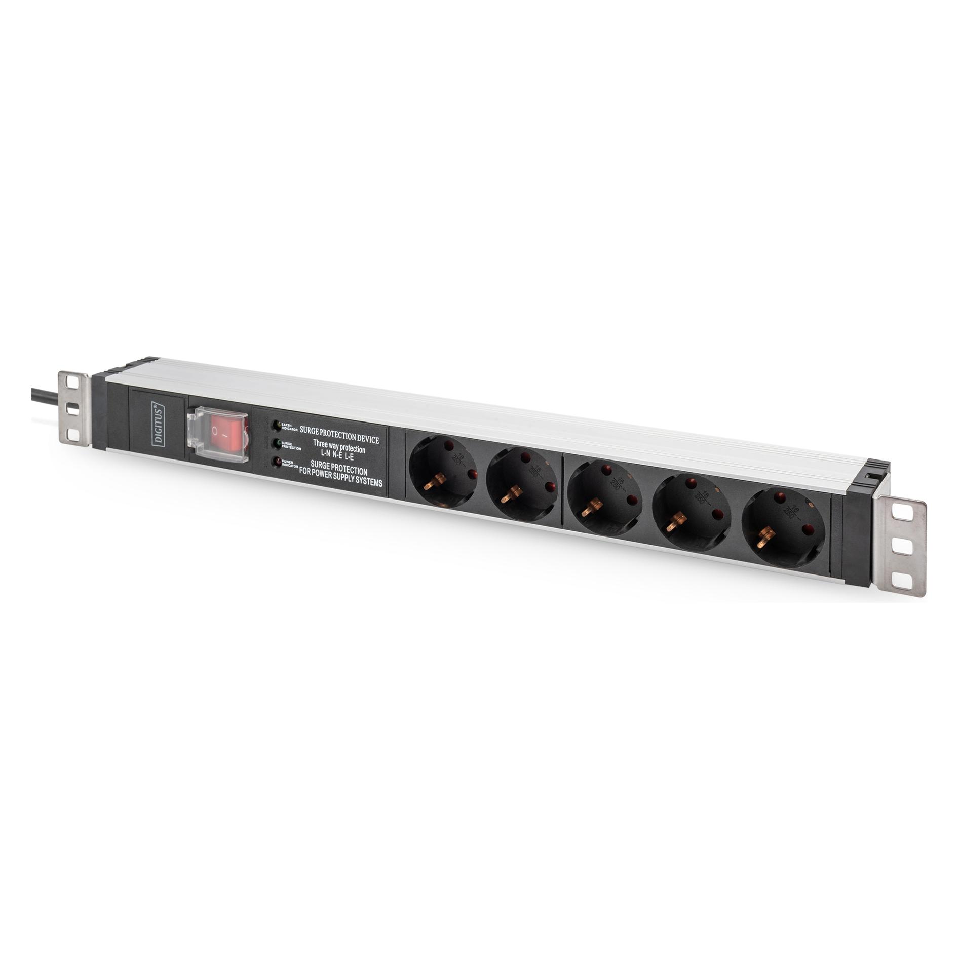 Digitus Steckdosenleiste mit Aluminiumprofil und Schalter, Überspannungsschutz, integrierter Netzfilter, 5- (5x, CEE 7/3, 2 m) (DN-95433)
