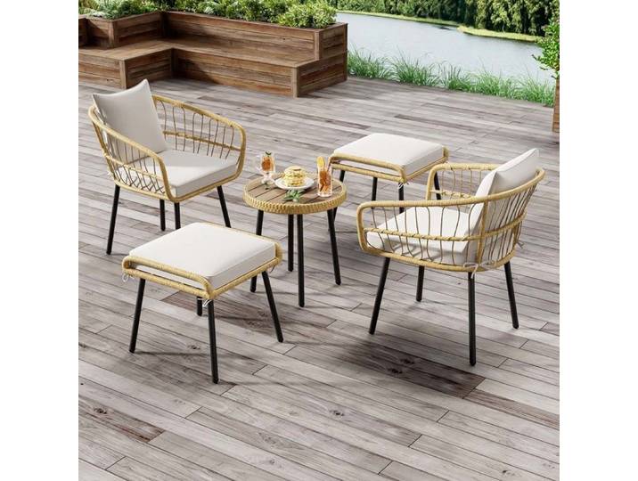 Salon de jardin - 4 personnes - Résine tressée - Cadre galvanisé - Blanc bois & naturel