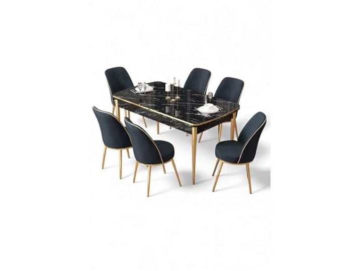 Modern Extendable Dining Table & Chairs Set (7 Pieces) - Black Marble & Gold, 100% MDF, Metal Legs, Stylish & Functional for Home & Hotel
