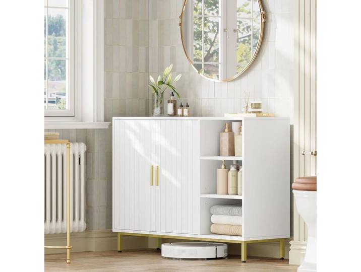 Salle de Bain Buffet Meuble Rangement Salle de Bain Indépendante à Deux Portes Étagères Réglables Blanc et Doré