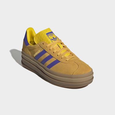 Plateausneaker ADIDAS ORIGINALS "GAZELLE BOLD", Damen, Gr. 39, utility gelb, solar lila, gold metallic, Leder, Synthetik, Schuhe Plateausneaker