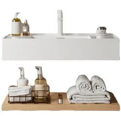 MODFU Badezimmerschrank 21×75×46 cm mit Hochleistungsbecken aus Harz, Weiß und Naturholzfarbe, Praktischer Stauraum
