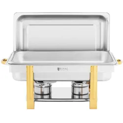 Royal Catering Chafing Dish Warmhaltebehälter Rechaud GN 1/1 Goldakzente 9 L 2 Brennstoffzellen, Speisewärmer, Silber