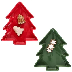 2tlg Set Gebäckschale Tannenbaum Steingut rot grün Nikolaus Weihnachten Kekse