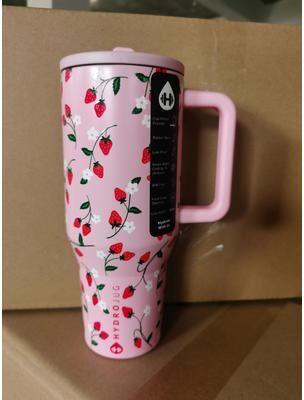 Uplifted Goods Insulated Stainless Steel Travel Tumbler With Straw Lid pink Strawberry 32oz
