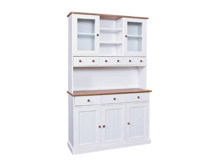 SOCOA - Buffet Vaisselier 5 Portes 6 Tiroirs Bois Massif Vernis Sepia et Blanc