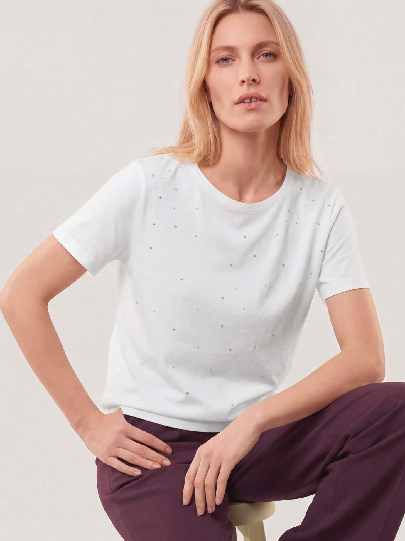 Walbusch Baumwollshirt mit Glitzersteinen, normale Größen, Farbe Weiß, 46, feiner Glitzer weiche Baumwollmischung Damen