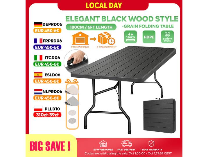 Table Pliante Extérieur 180cm, Table de Camping Portable HDPE, Jardin Pique-nique, Charge 150kg, Verrou de Sécurité