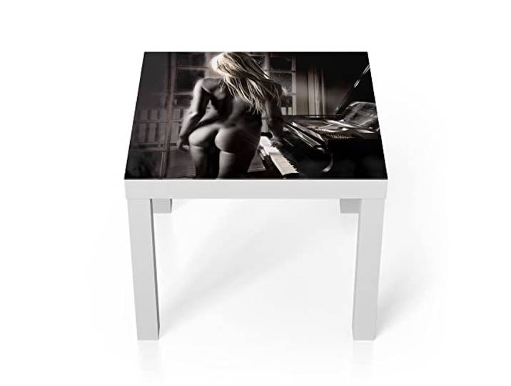 DEQORI Glastisch weiß klein 55x55 cm Motiv Nackte Frau am Piano ausgefallener Beistelltisch aus Glas Hochglanz Couchtisch fürs Wohnzimmer moderner Couch Tisch mit Design