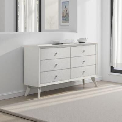 Benjara Tory Wide Dresser, 6 Drawers w Bronze Knobs, Textured White Wood
