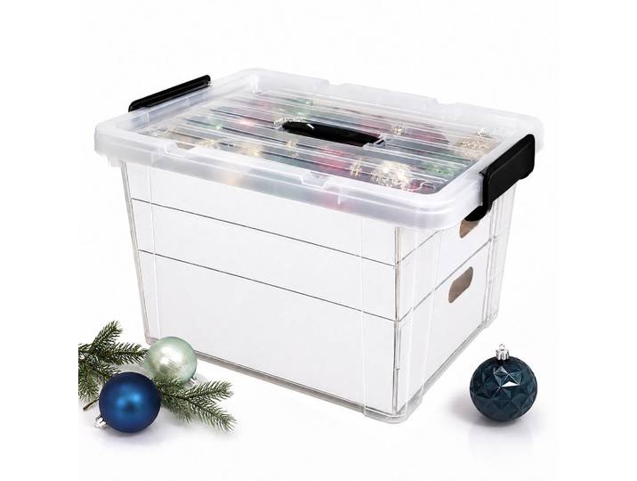 Relaxdays Weihnachtskugelbox Transparent Kunststoff 40 L mit Einsätzen, Kunststoff, Wellpappe, 51x24.5x38.5 cm, Ordnen & Aufbewahren, Deko- & Aufbewahrungsboxen, sonstige Boxen