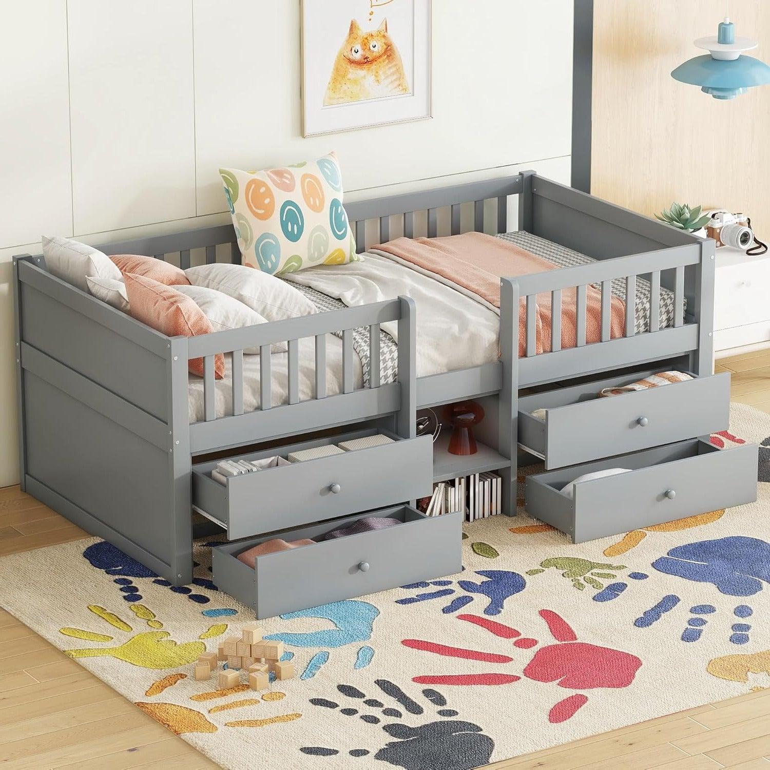 Kinderbett - Jugendbett - Einzelbett - Holzrahmen - Stauraum - Absturzsicherung - 90x200 cm - Grau