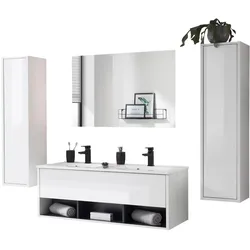 BADMÖBEL-SET weiß Hochglanz, grau, Komplettset mit Doppelwaschbecken und LED Beleuchtung