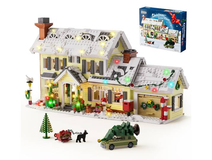 Blocs de construction de maison de village enneigée de Noël, modèle architectural, décoration de maison, ornement de chambre, cadeau festif d'hiver pour adultes