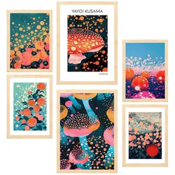 POSTER Set Mit 6 Yayoi Kusama Pilz Wasserblume Japanise A3 & A4 Rahmen Aus Hellem Holz