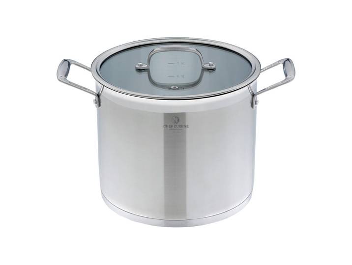 Chef Cuisine Gemüsetopf, Edelstahlfarben, Transparent, Metall, Glas, 9 l, Messskala, backofengeeignet, hitzebeständige Griffe, rostfrei, hitzebeständig, geschmacksneutral, säurefest, optimale Wärmeverteilung, leichte Reinigung, Dreischicht-Material mit durchgängigem Aluminiumkern, optimale und gleichmäßige Wärmeverteilung bis zum Rand,mit Dampfablass, backofengeeignet, Kochgeschirr, Töpfe, Kochtöpfe