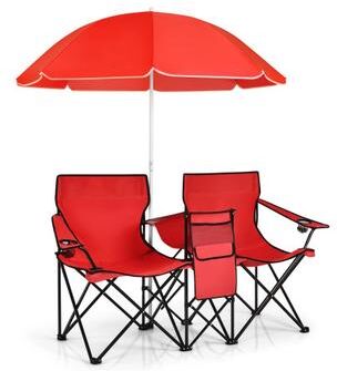 Costway Portable Folding Picnic Double Chair With Umbrella-Red