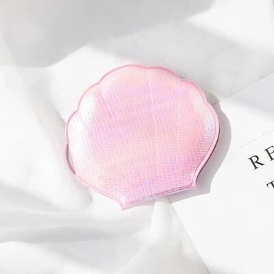 Uplift Essentials Iridescent Shell Shaped Compact Mirror Dual Sided 2X Magnifying Travel Tool b pink