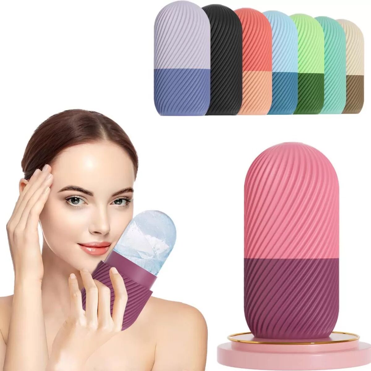 INF 2er-Set Silikon-Gesichts-Eisroller - Zweifarbige, rotierende Struktur für Gesichtsmassage, schnelle Kühlung und Rosa