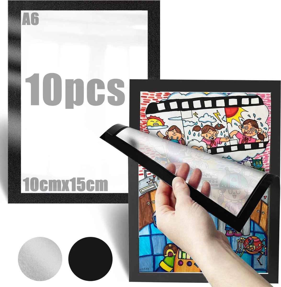 SnelShoppen 10 stuks magnetische fotolijsten A6 zwart - Zelfklevende fotolijsten voor foto's, kunst en documenten