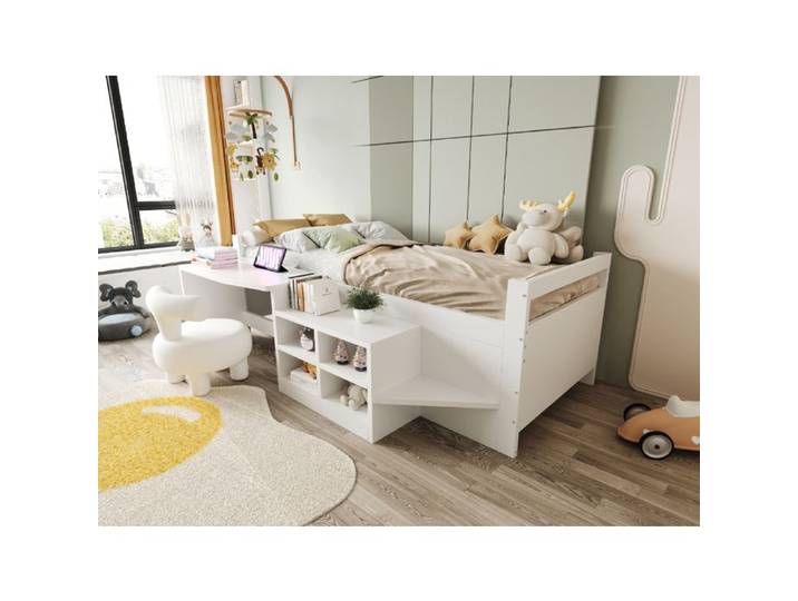 Lit enfant 90x200 cm en bois blanc avec bureau intégré rangements prises USB et marche