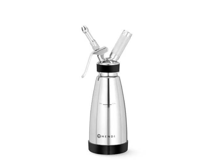 HENDI Sahnespender, mit rutschfestem Silikonboden, Inklusive Set aus 3 Edelstahl Spritztüllen und Reinigungsbürste, Sahne-Mousses-Desserts-Schäumen, Sahnesyphon, 0,5L, ø95x(H)275mm, Edelstahl