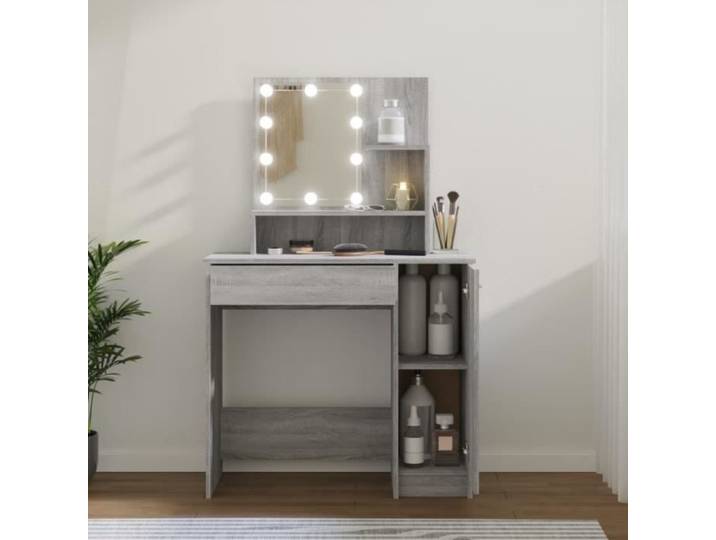 Coiffeuse - AKOZON - Sonoma gris - 86 5x35x136 cm - LED - 1 tiroir - Miroir inclus