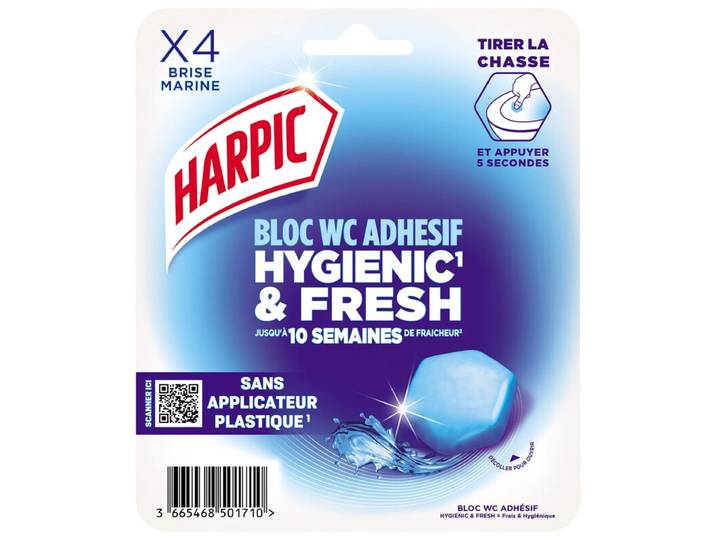 HARPIC Bloc WC adhésif, Hygiénique &amp; frais, Brise marine, 4 blocs