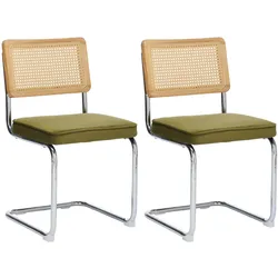 ESSZIMMERSTUHL Set 2er Olivgrün Samt & Rattan Freischwinger mit Chromgestell
