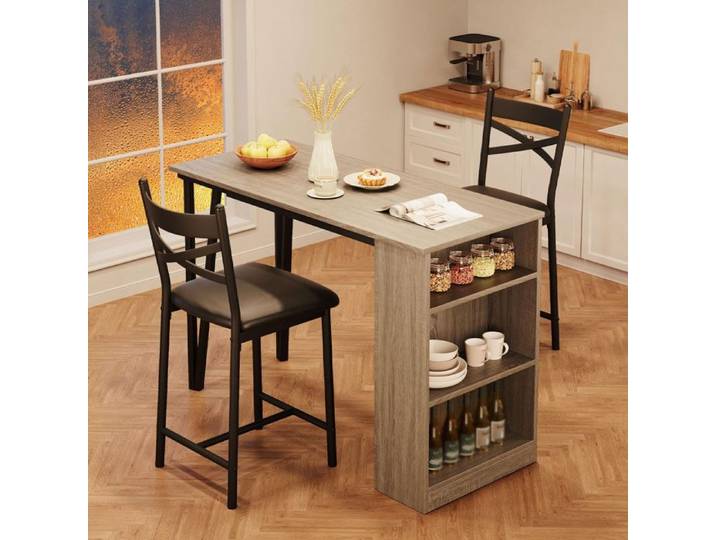Ensemble table bar 3 pièces gris 2 personnes rallonge rabattable étagères rangement compact cuisine petit appartement pratique