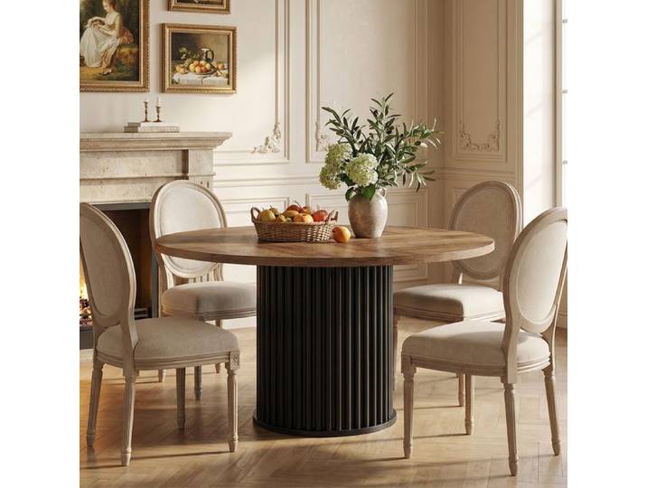 Table Ronde Salle Manger 120cm Table a Manger Noire avec Plateau en Bois et Base en Métal (Marron + Noir)
