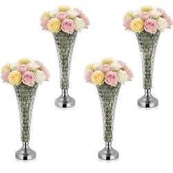 VEVOR 4 Stk. Hochzeitsvasen Tafelaufsatz Blumenvasen für Hochzeit 51 cm Hoch, Metall Tafelaufsatz Vasen mit Kristall Blumenständern, Trompete Vase für Hochzeiten Party Jubiläumsfeier Zeremonie, Silber