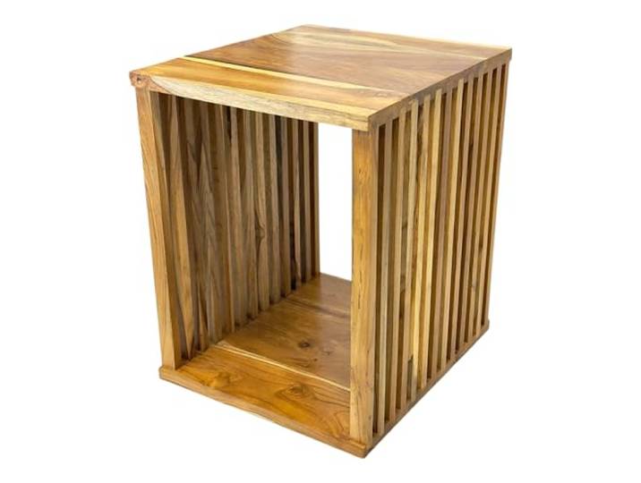 FaHome Handgefertigter Teakholz-Beistelltisch - Massivholz Natur-Unikat in Modernem Design – Holzleisten an den Seiten - Würfel