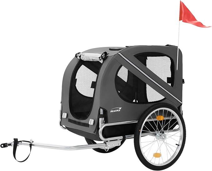 Fahrradanhänger & Hundebuggy 2 in 1 klappbar, Grau, 130x72x90 cm, Hundeanhänger für Hunde bis 40 kg, Anhänger mit Reflektoren, Leine & Flagge, Hundefahrradanhänger Hundewagen Hundetransporter