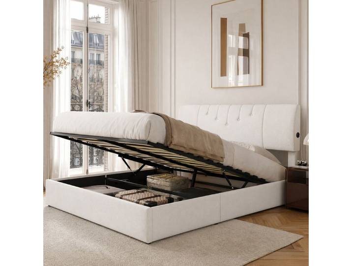 Lit 140x190 avec sommier SORVAGLOS Lit double rembourré lit coffre hydraulique USB et Type-C velours teddy blanc