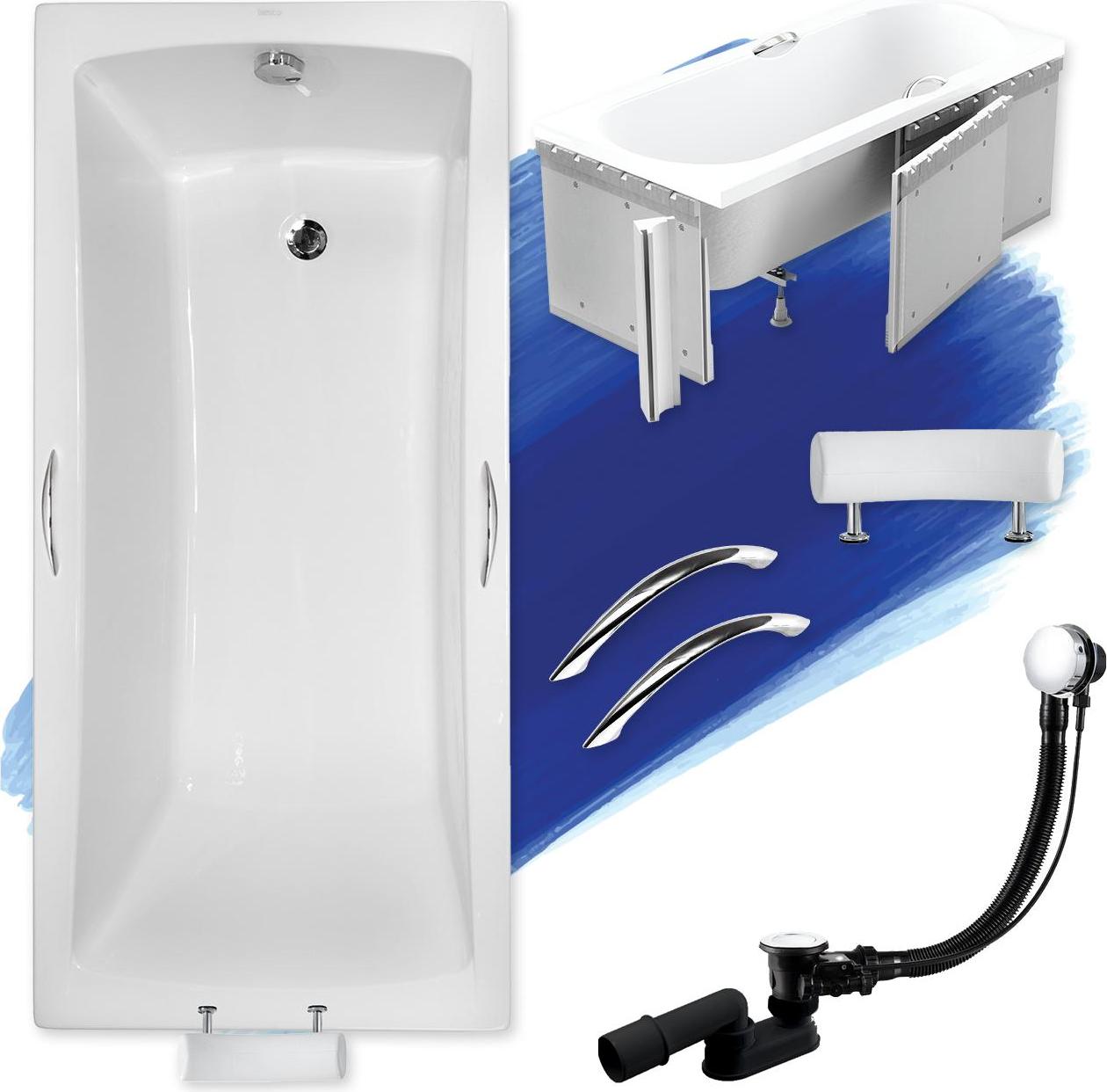 BADLAND Badewanne Rechteck Optima Premium 170x70 mit Ablaufgarnitur, Kopfstütze, Handgriffen, Füßen und Styroporverkleidung GRATIS