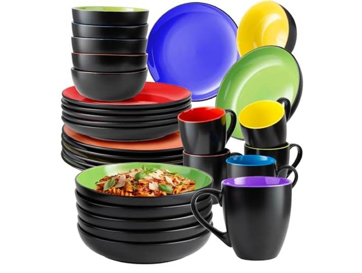 MIAMIO - Geschirrset/Tafelservice Keramik (30-teilig) - Le Papillon (Bunt) Tafelservice Steingut für 6/große, kleine & tiefe Teller, Schüsseln & Kaffeetassen, Keramik Geschirr Set - spülmaschinenfest