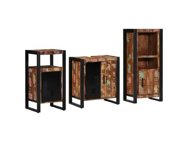 POUFGDR 3-teiliges Badezimmermöbel-Set Türen aus Massivholz, Griffe aus schwarzem Eisen, Wandschrank, modernes Design, einfache Montage