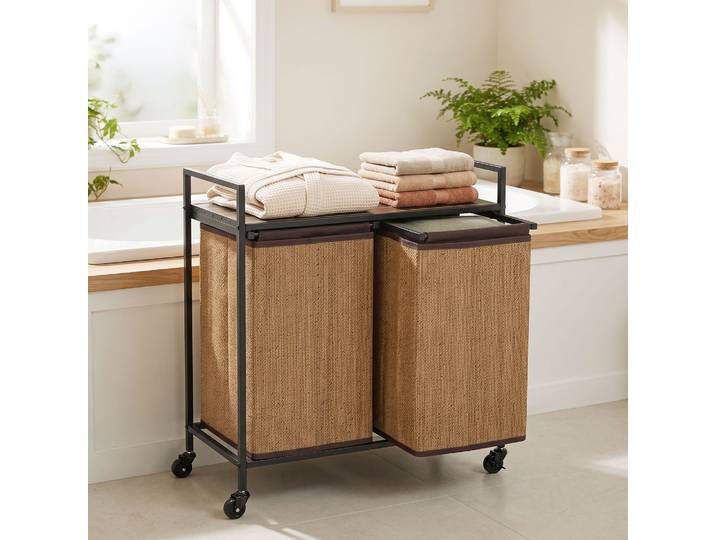 HOMCOM Panier à Linge Bambou 2 Compartiments 120L Étagère Roulettes