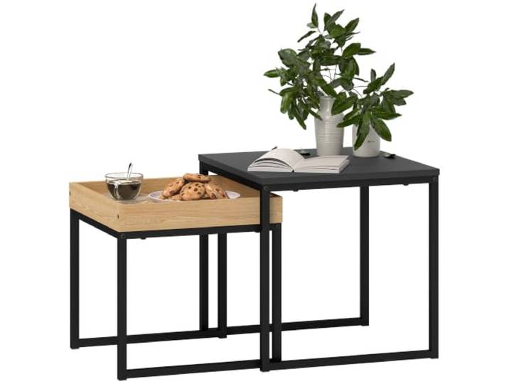HOMCOM Couchtisch 2er Set mit Abnehmbarem Tablett Stahlgestell Schwarz